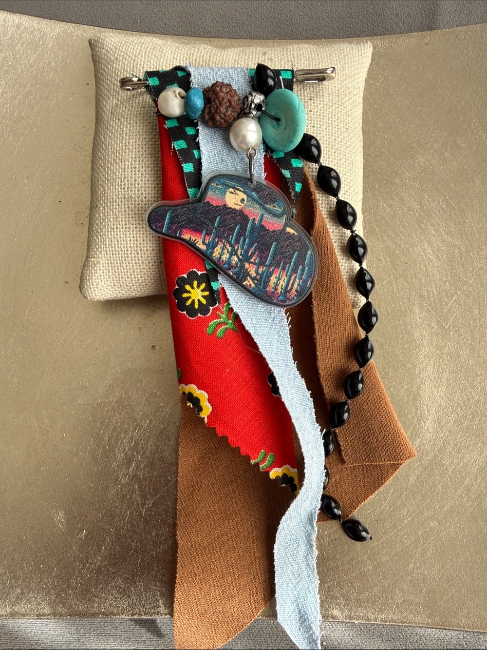 Handcrafted Multicolor Fabric & Bead Brooch - Turquoise Accent Cowboy Hat Denim